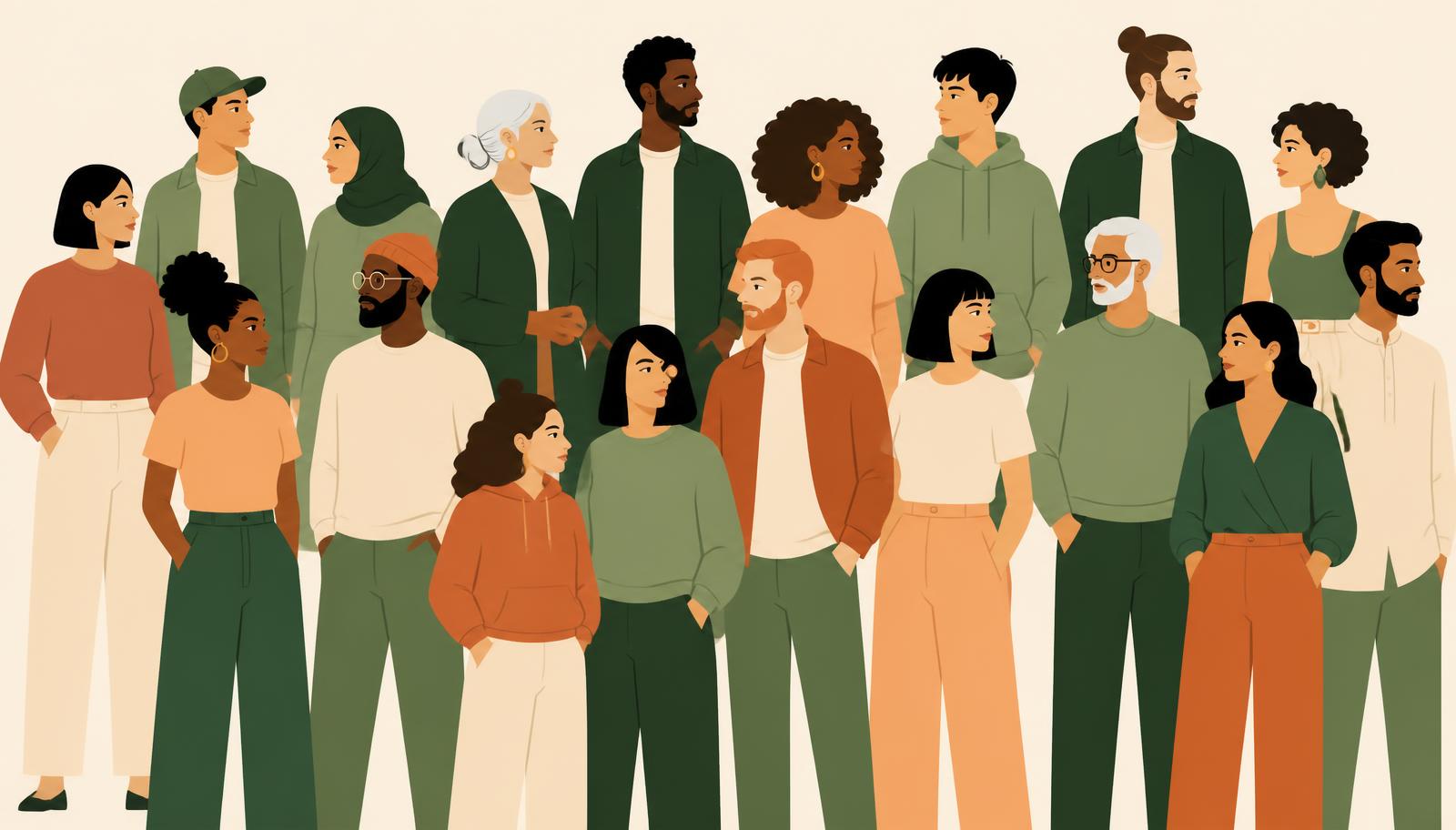 Illustration of a diverse group of students and psychology professionals standing together